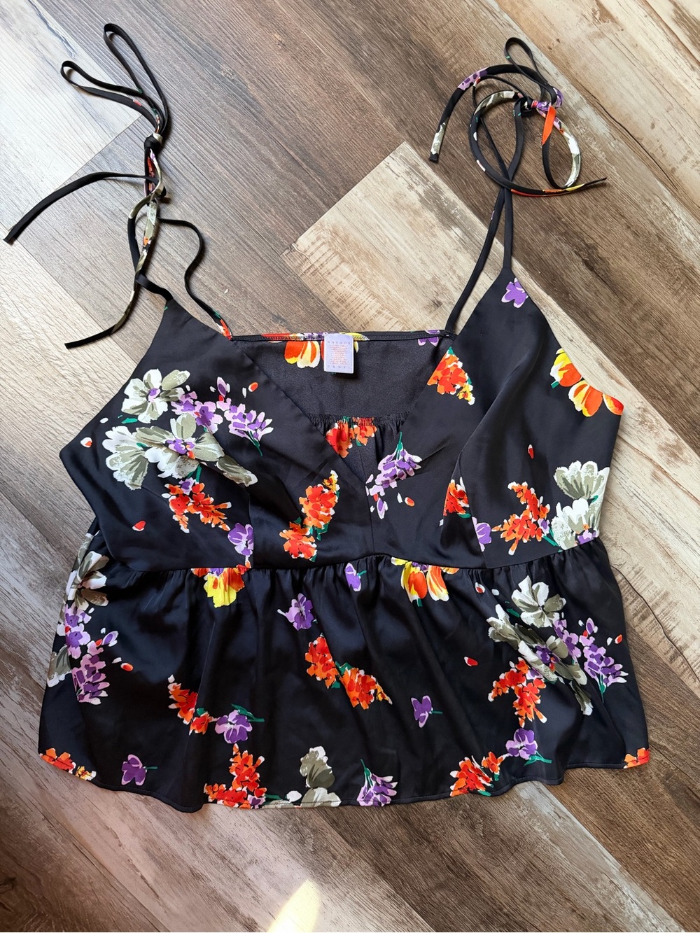 Whimsical Savage X Fenty Black Floral Tie-Shoulder Peplum Cami, Dark Floral,